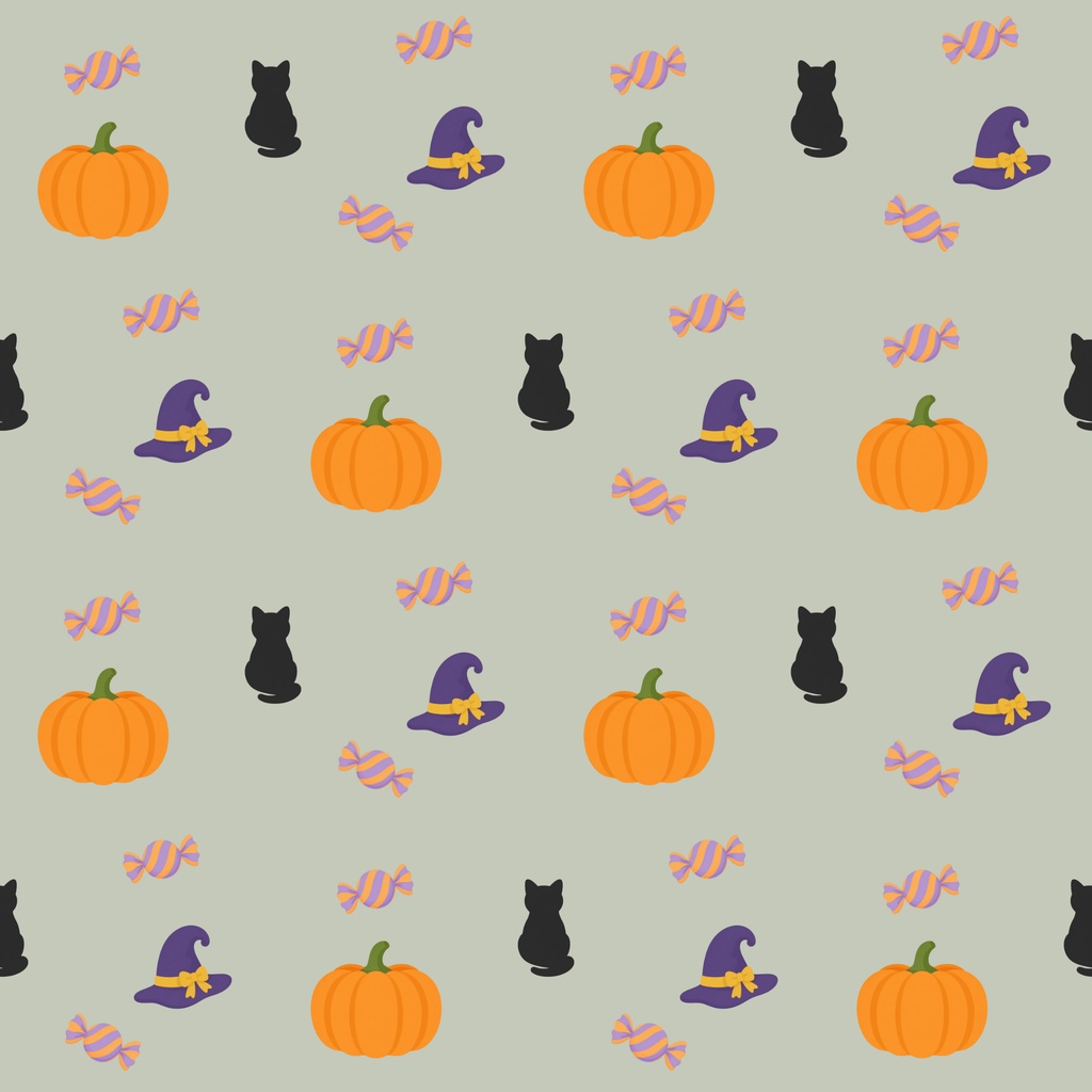 【商用利用可】ほっこりハロウィンのシームレスパターン デジタルペーパー10色セット|カボチャ・黒猫・魔女の帽子