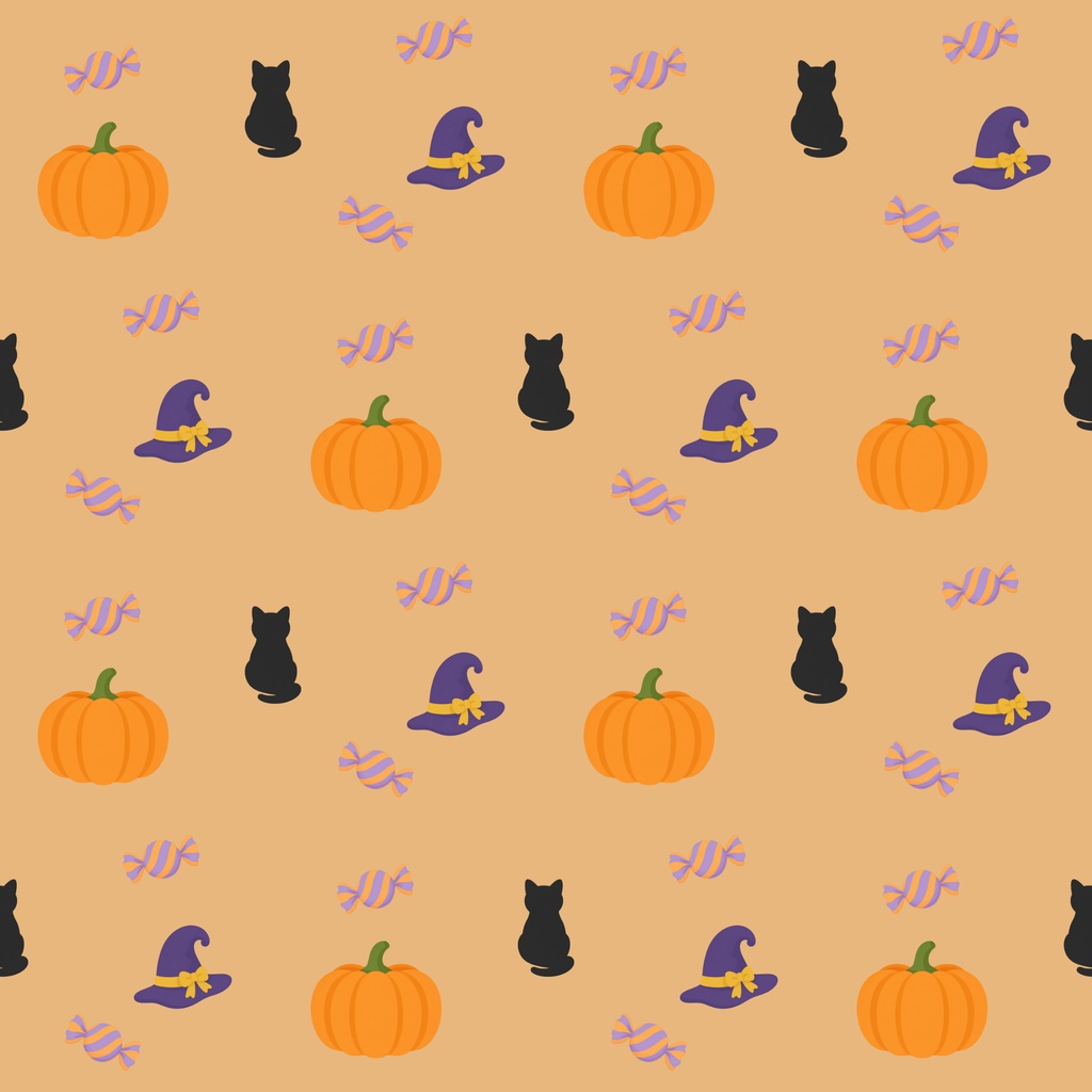 【商用利用可】ほっこりハロウィンのシームレスパターン デジタルペーパー10色セット|カボチャ・黒猫・魔女の帽子