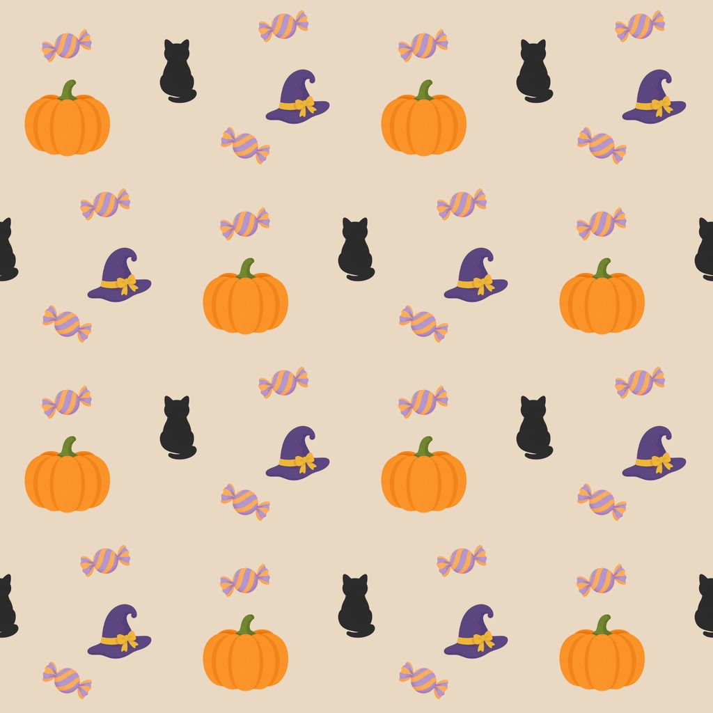 【商用利用可】ほっこりハロウィンのシームレスパターン デジタルペーパー10色セット|カボチャ・黒猫・魔女の帽子