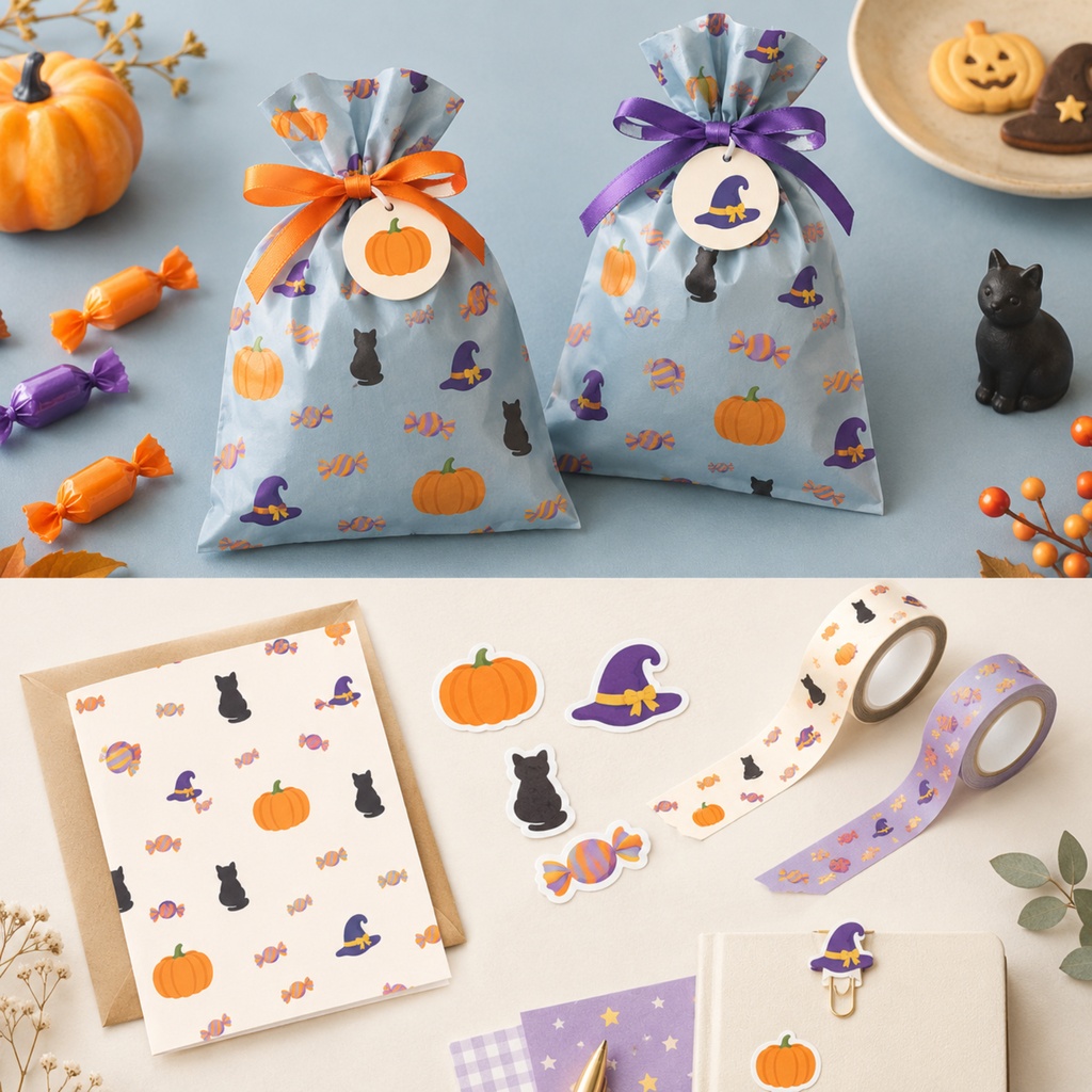 【商用利用可】ほっこりハロウィンのシームレスパターン デジタルペーパー10色セット|カボチャ・黒猫・魔女の帽子