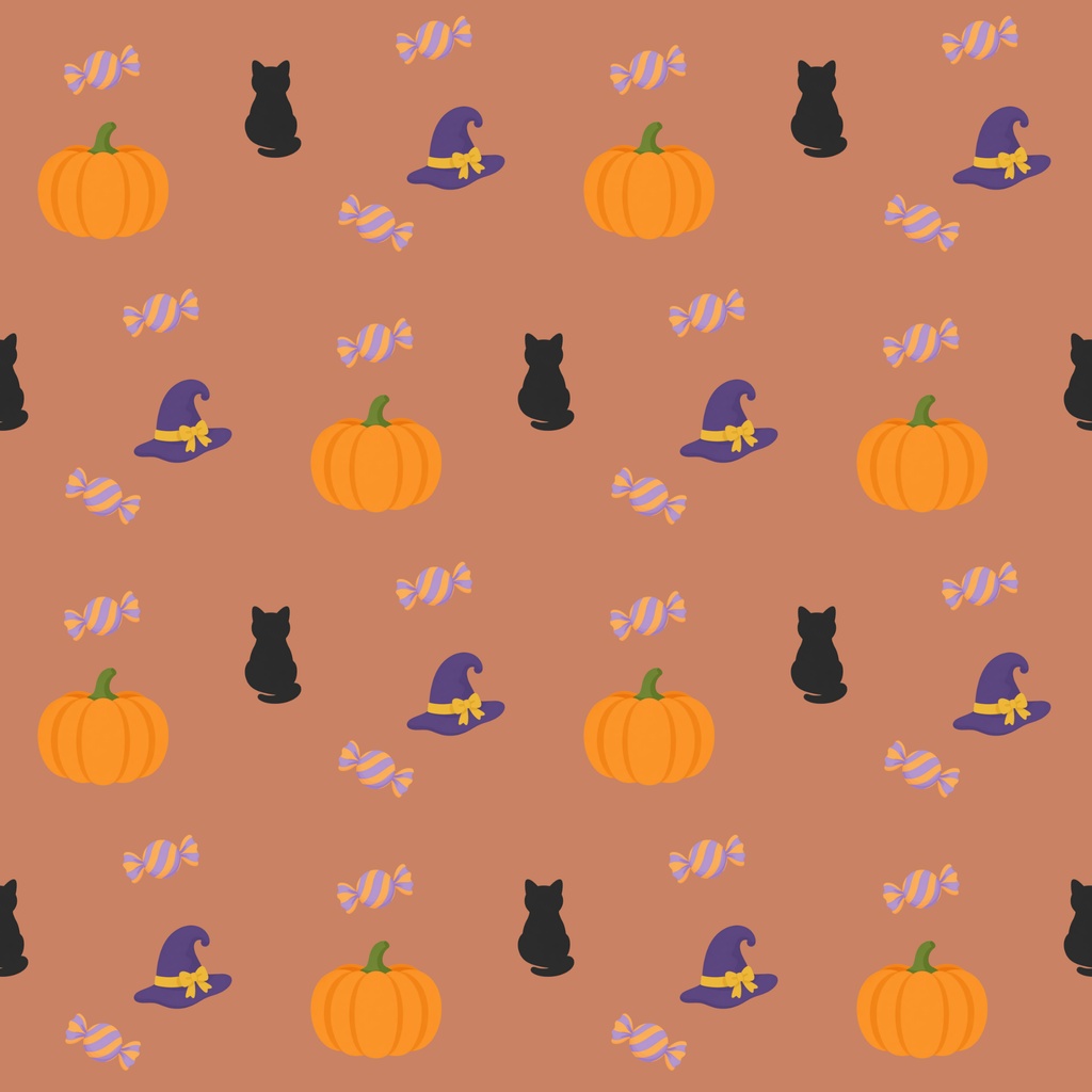 【商用利用可】ほっこりハロウィンのシームレスパターン デジタルペーパー10色セット|カボチャ・黒猫・魔女の帽子