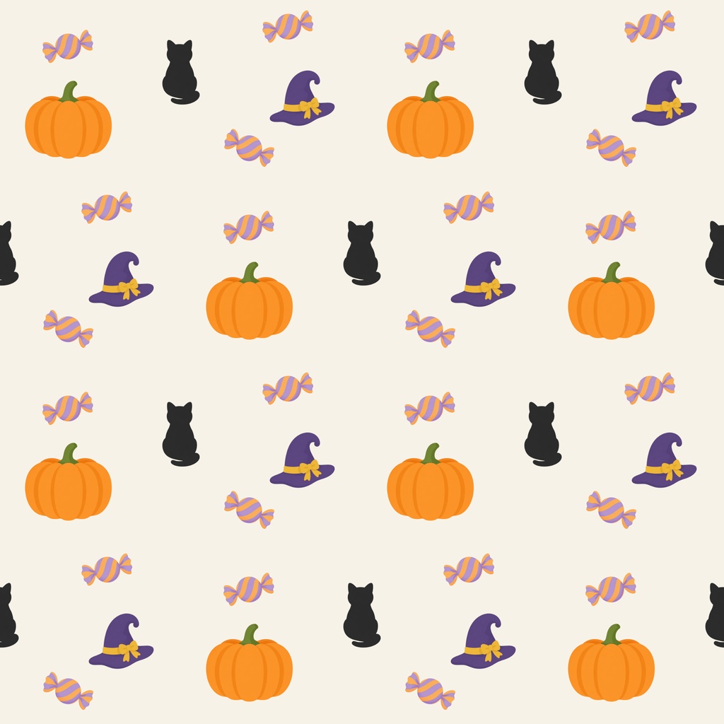 【商用利用可】ほっこりハロウィンのシームレスパターン デジタルペーパー10色セット|カボチャ・黒猫・魔女の帽子