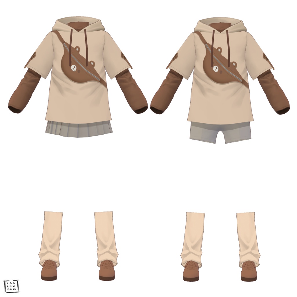 【Vroid用】Bear Jacket/ Hoodie 【SIMPLE BROWN VERSION】 (Hoodie + Shirt + Shoes + Leg Warmers + Skirt)