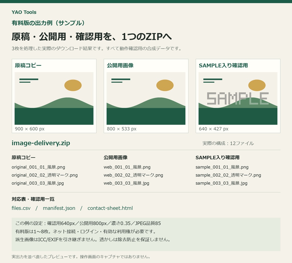 原稿・公開用・透かし入り確認用画像をまとめる|YAO 画像納品パック(1年ライセンス)