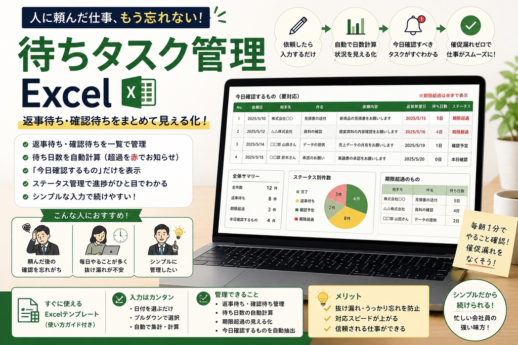 【待ちタスク管理Excel】「あの件どうなった？」を防ぐ｜返事待ち・確認待ち・催促忘れをまとめて管理