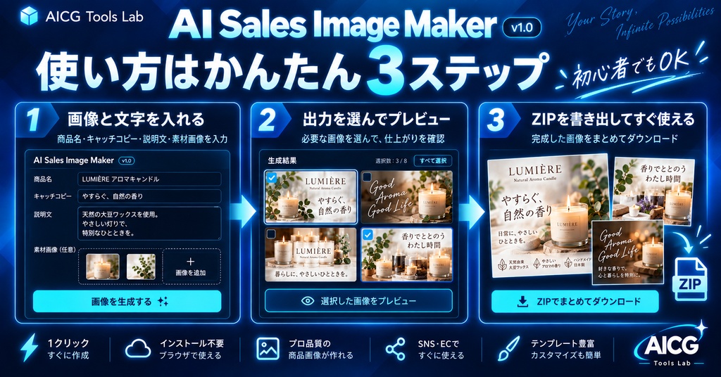 AI Sales Image Maker|商品画像・サンプル・SNS告知を1クリック作成