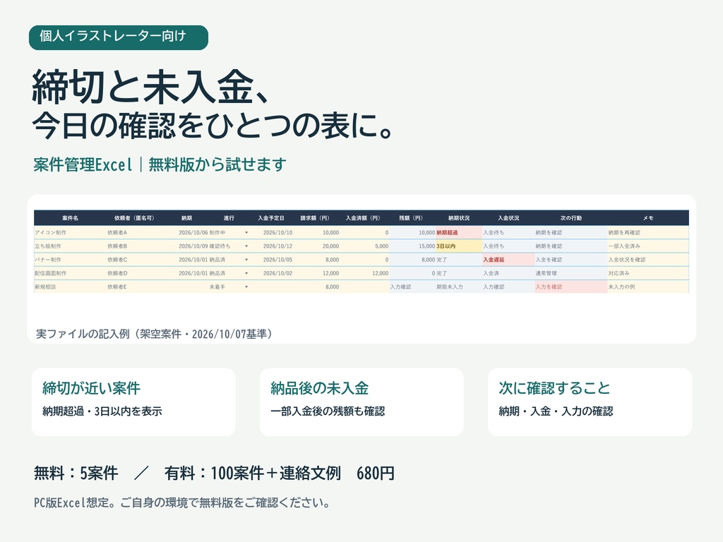 イラスト依頼の締切・未入金が見える案件管理Excel|無料5件/有料100件