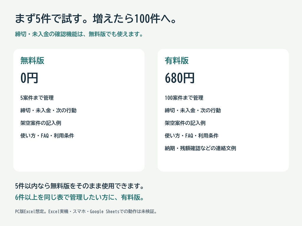 イラスト依頼の締切・未入金が見える案件管理Excel|無料5件/有料100件