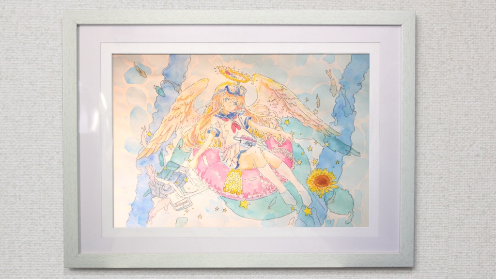 【手描き水彩画イラスト】プールに浮かぶ天使の子【水彩・ペン・色鉛筆】