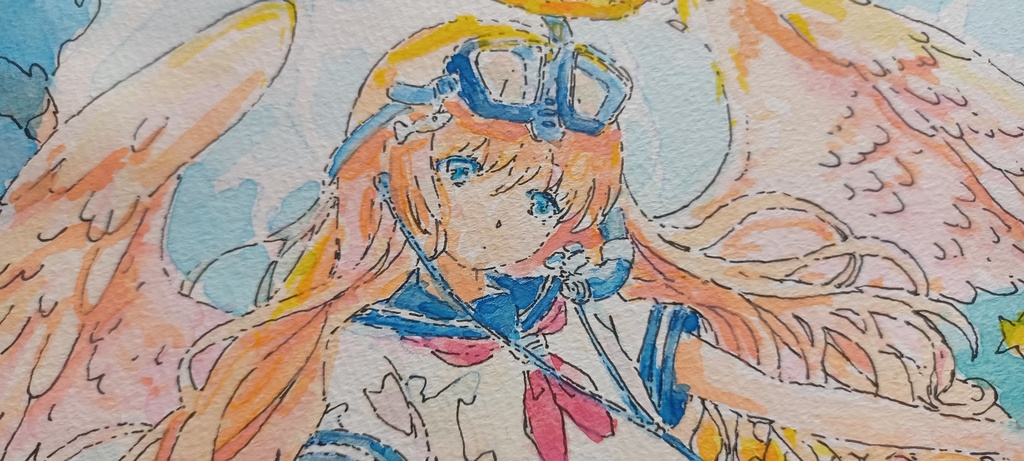 【手描き水彩画イラスト】プールに浮かぶ天使の子【水彩・ペン・色鉛筆】