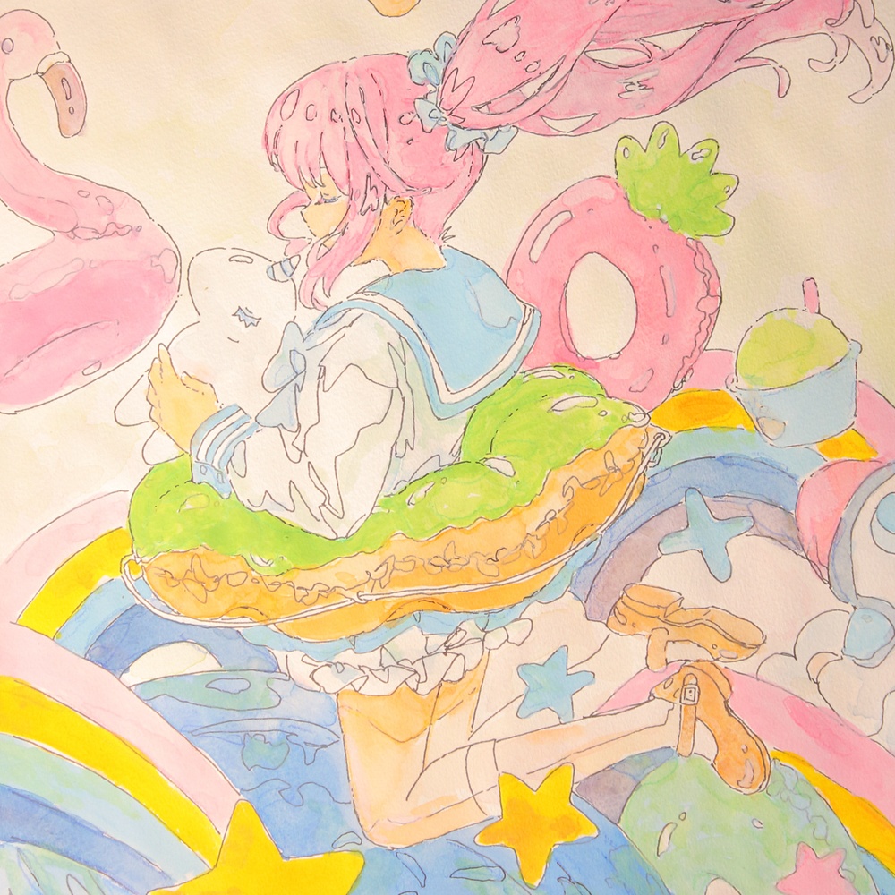【手描き水彩画イラスト】ドーナツ浮き輪【水彩・ペン・色鉛筆】