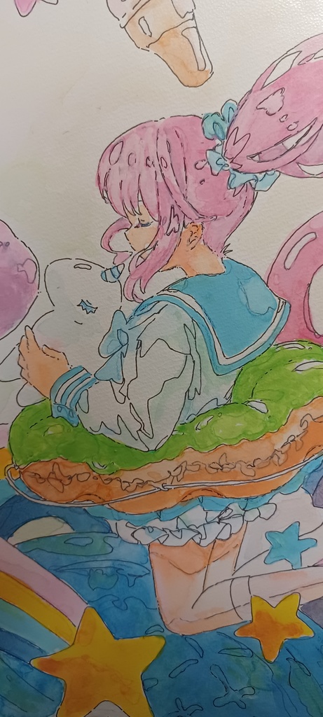 【手描き水彩画イラスト】ドーナツ浮き輪【水彩・ペン・色鉛筆】