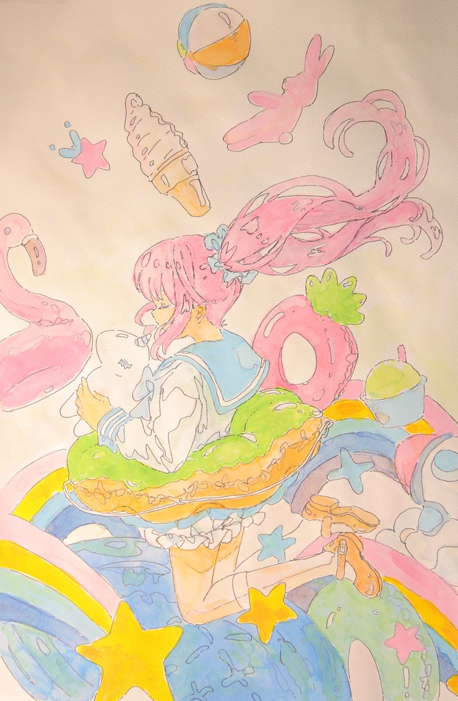 【手描き水彩画イラスト】ドーナツ浮き輪【水彩・ペン・色鉛筆】