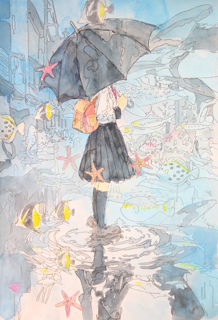 【手描き水彩画イラスト】雨傘【水彩・ペン・色鉛筆】