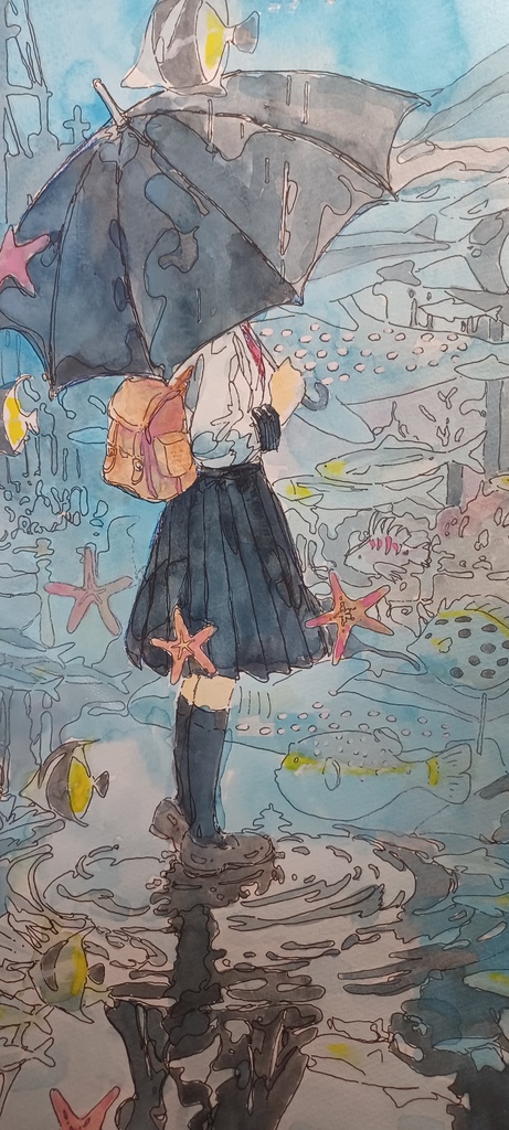 【手描き水彩画イラスト】雨傘【水彩・ペン・色鉛筆】