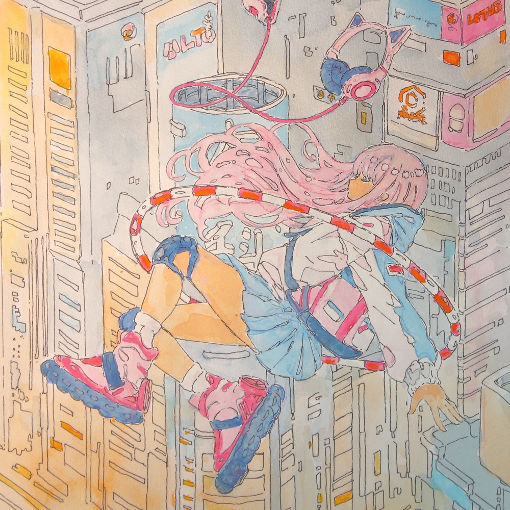 【手描き水彩画イラスト】摩天楼の眩暈【水彩・ペン・色鉛筆】