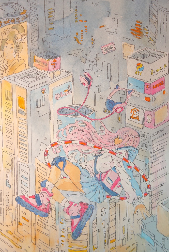【手描き水彩画イラスト】摩天楼の眩暈【水彩・ペン・色鉛筆】