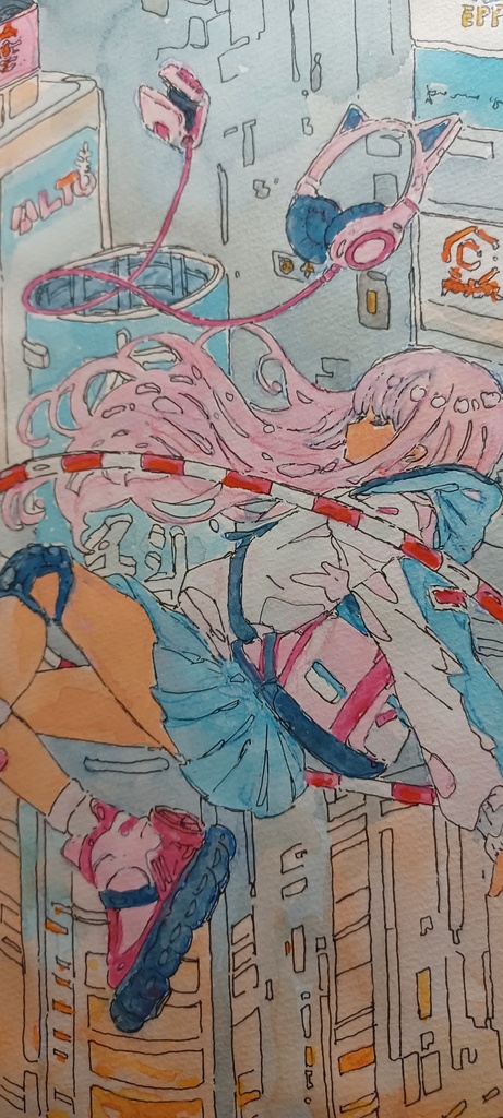 【手描き水彩画イラスト】摩天楼の眩暈【水彩・ペン・色鉛筆】