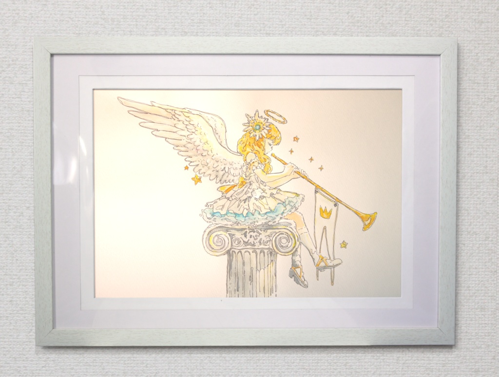 【手描き水彩画イラスト】ラッパを持った天使【水彩・ペン・色鉛筆】