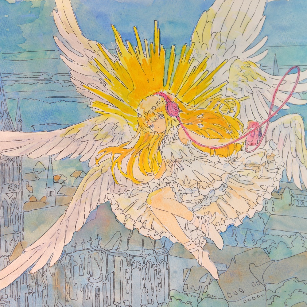 【手描き水彩画イラスト】6枚羽の天使【水彩・ペン・色鉛筆】