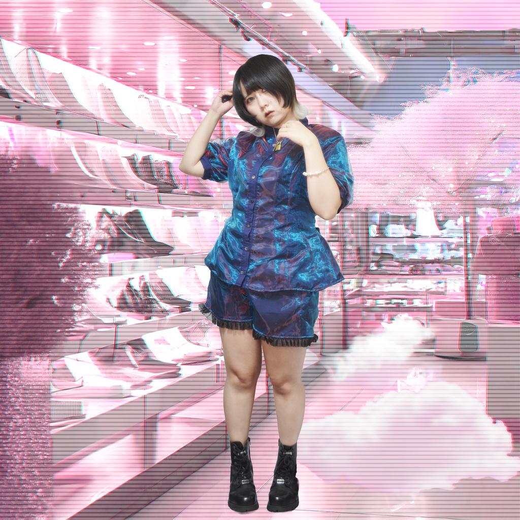 【1点物】偏光青×赤 セットアップ(トップス+ショートパンツ)