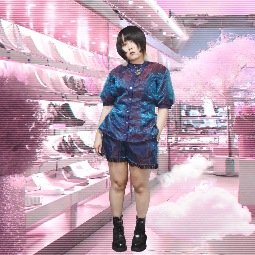 【1点物】偏光青×赤 セットアップ(トップス+ショートパンツ)