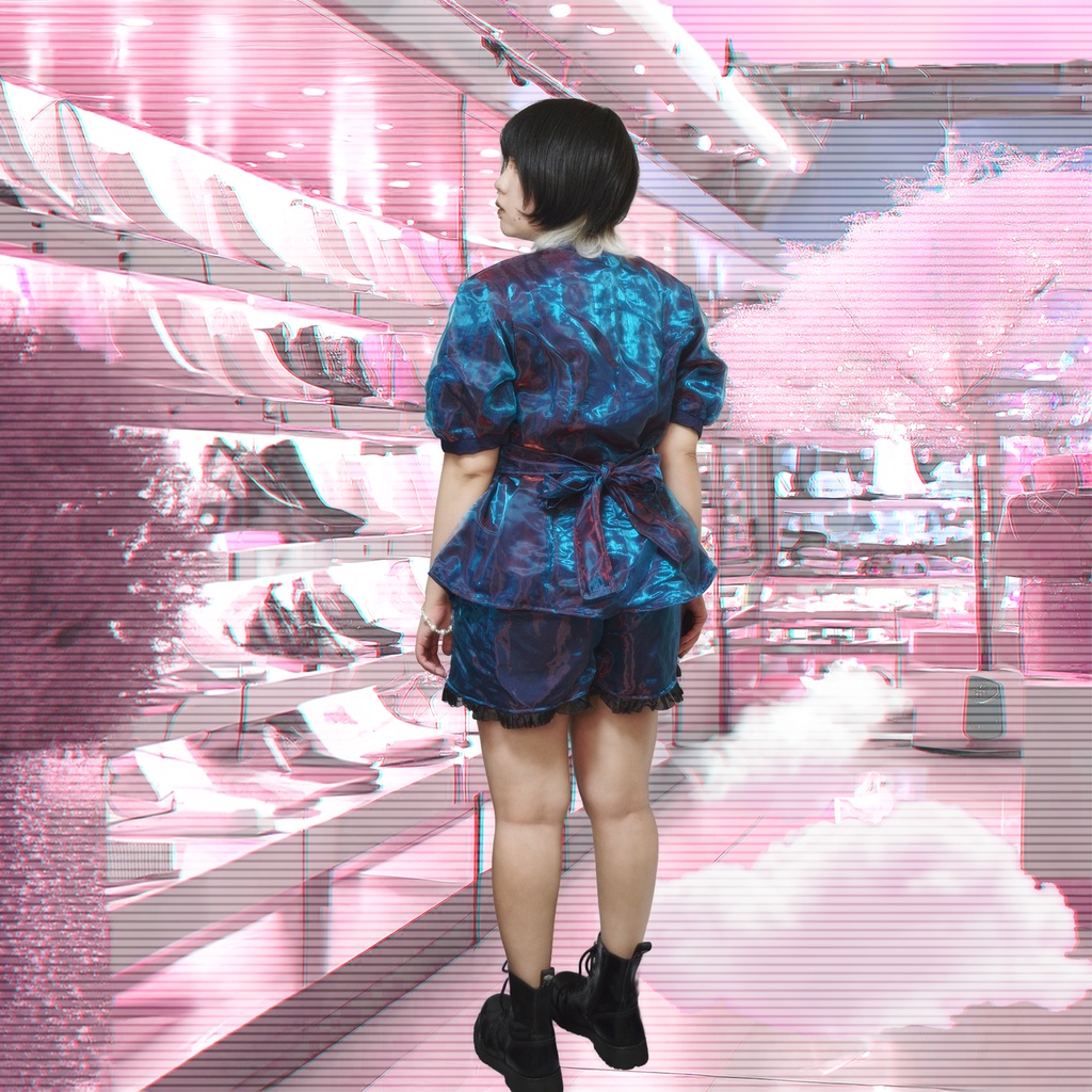 【1点物】偏光青×赤 セットアップ(トップス+ショートパンツ)