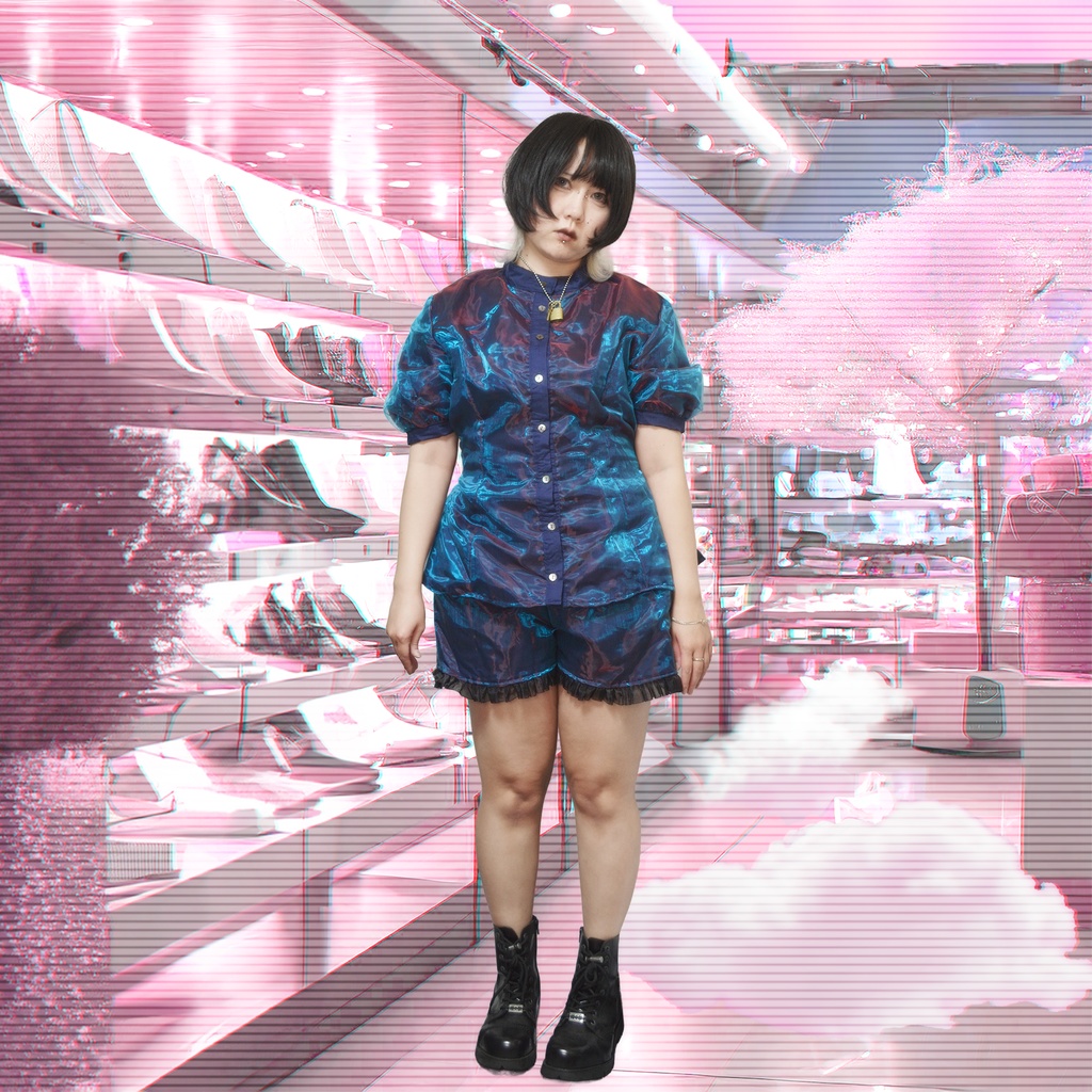 【1点物】偏光青×赤 セットアップ（トップス＋ショートパンツ）