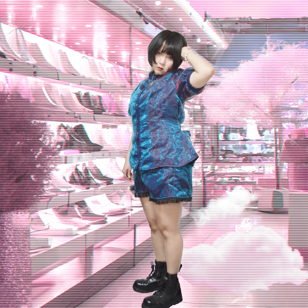 【1点物】偏光青×赤 セットアップ(トップス+ショートパンツ)