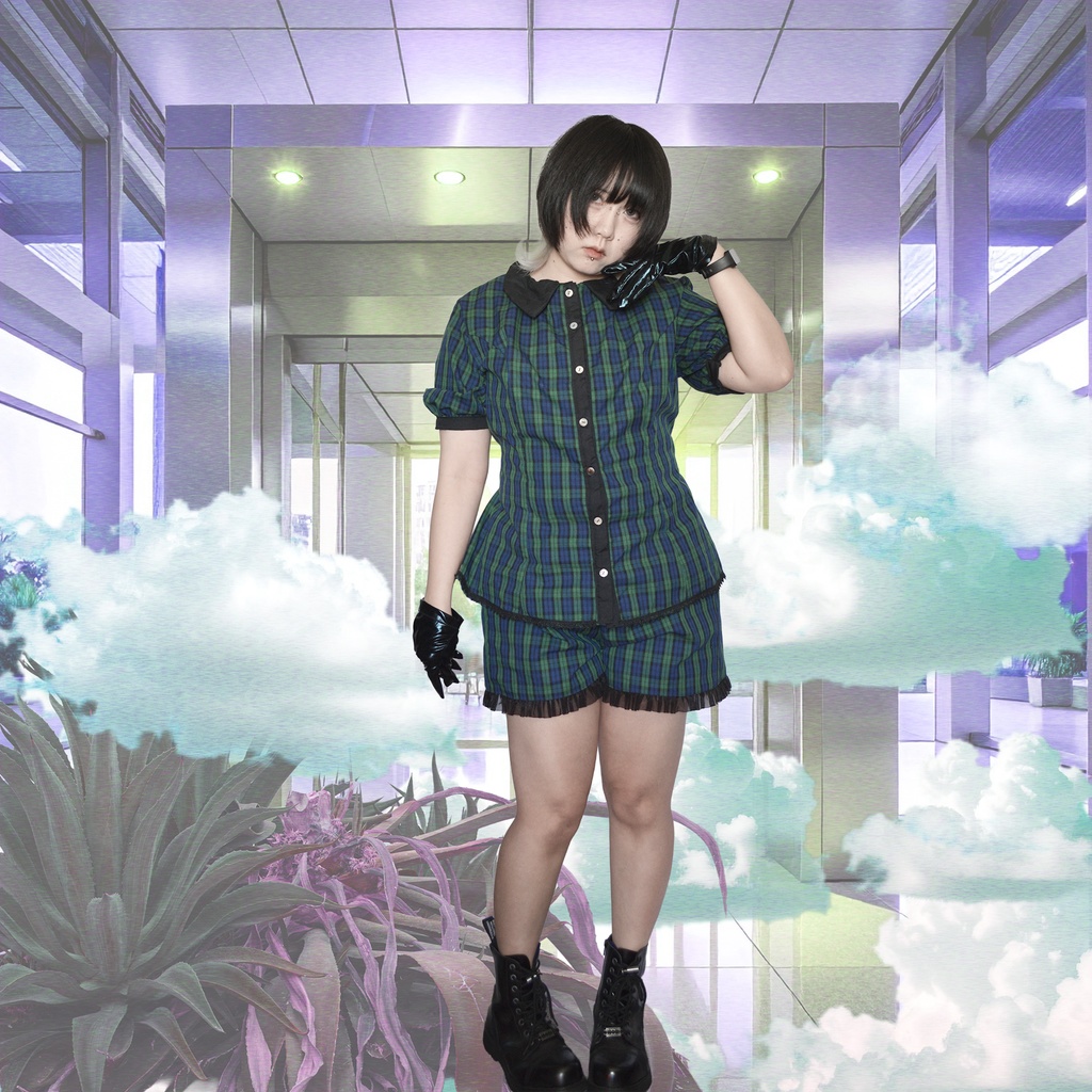 【1点物】案内係チェック柄 セットアップ(トップス+ショートパンツ)