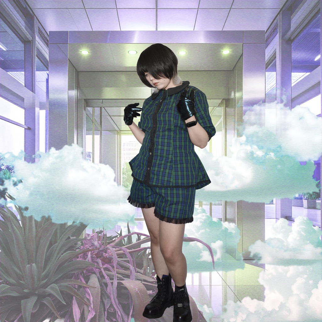 【1点物】案内係チェック柄 セットアップ(トップス+ショートパンツ)