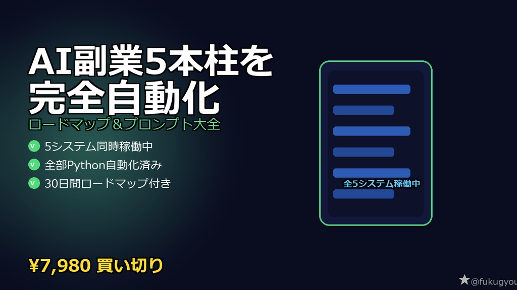 【実稼働中システム公開】AI副業5本柱を完全自動化するロードマップ＆プロンプト大全【ブログ/note/YouTube/アフィリ/デジタル販売】