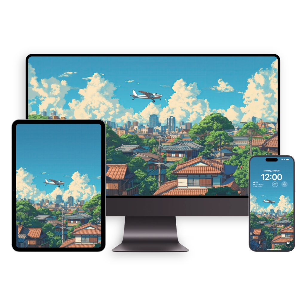 ジブリ風 夏の空と飛行機 壁紙セット｜スマホ（ロック画面・ホーム画面）・タブレット・デスクトップ・折りたたみ端末用 5枚セット｜デジタルダウンロード