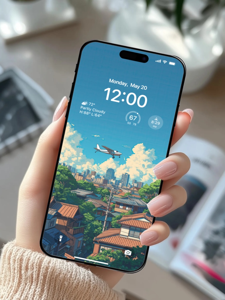 ジブリ風 夏の空と飛行機 壁紙セット|スマホ(ロック画面・ホーム画面)・タブレット・デスクトップ・折りたたみ端末用 5枚セット|デジタルダウンロード