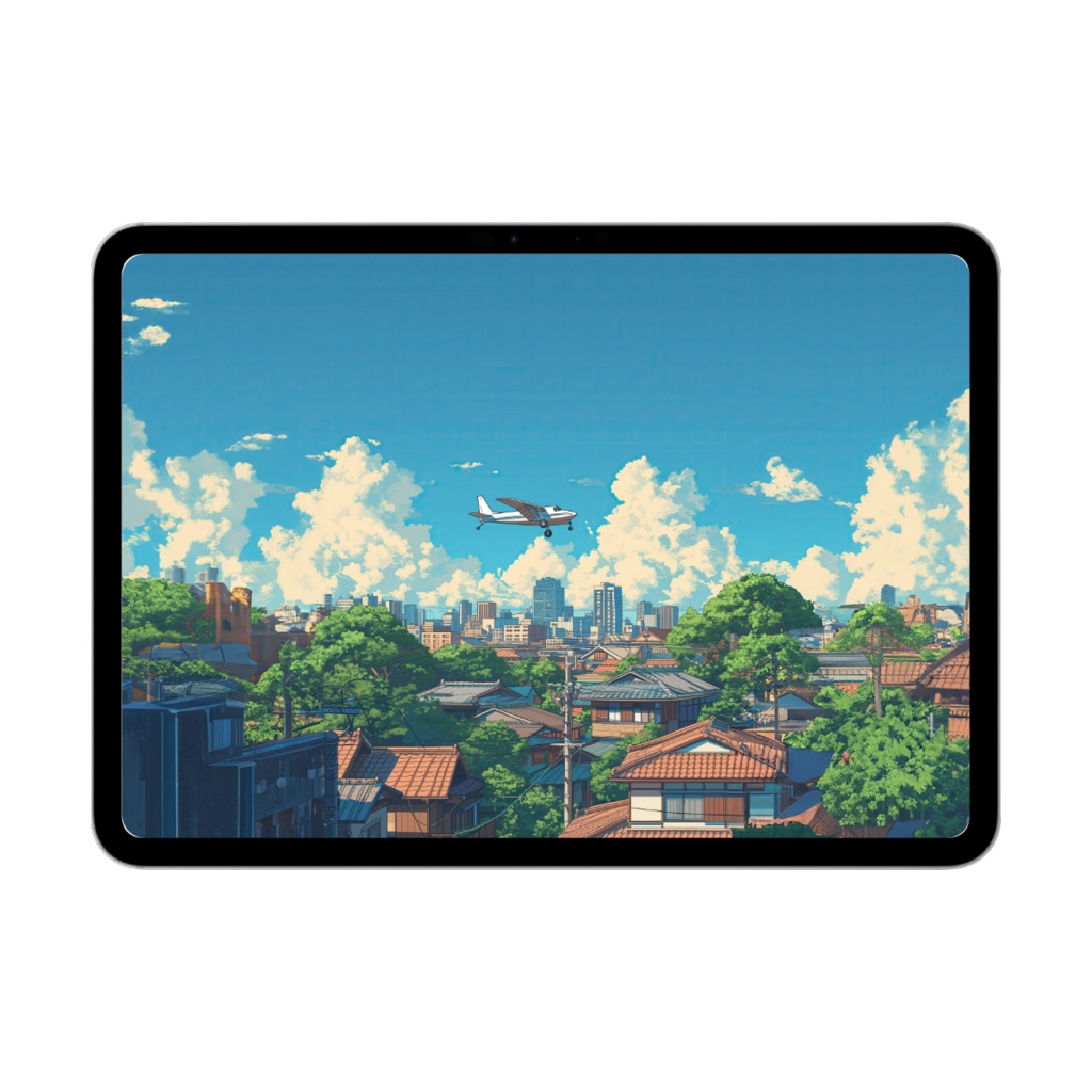 ジブリ風 夏の空と飛行機 壁紙セット|スマホ(ロック画面・ホーム画面)・タブレット・デスクトップ・折りたたみ端末用 5枚セット|デジタルダウンロード