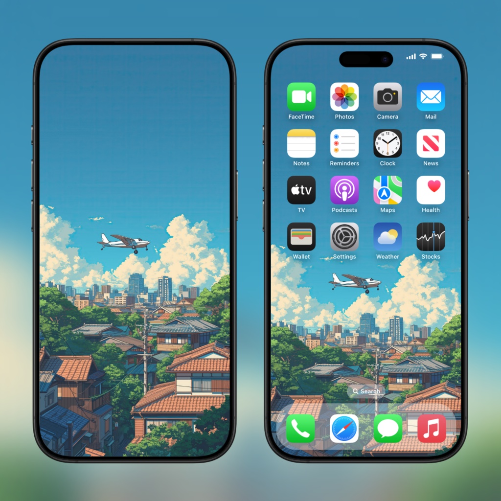 ジブリ風 夏の空と飛行機 壁紙セット|スマホ(ロック画面・ホーム画面)・タブレット・デスクトップ・折りたたみ端末用 5枚セット|デジタルダウンロード