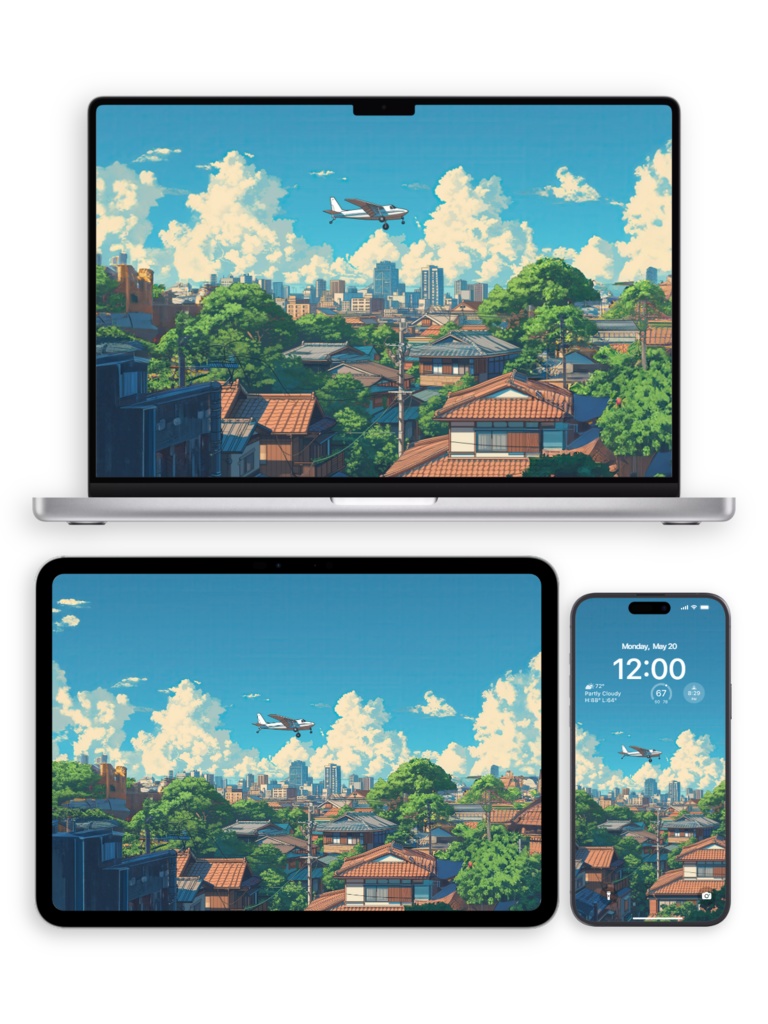 ジブリ風 夏の空と飛行機 壁紙セット|スマホ(ロック画面・ホーム画面)・タブレット・デスクトップ・折りたたみ端末用 5枚セット|デジタルダウンロード