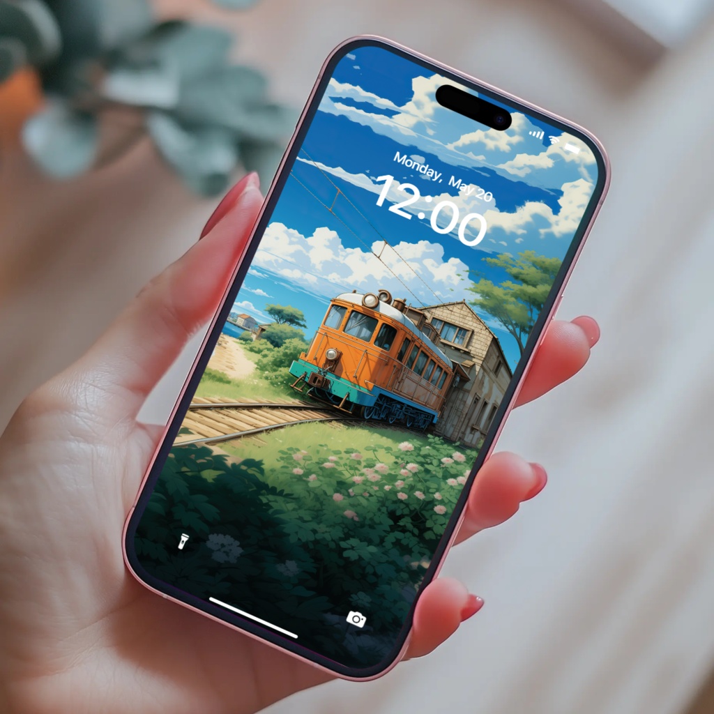 ジブリ風 夏の列車 壁紙セット|アニメ風 景色 デジタルダウンロード|スマホ・タブレット・PC・折りたたみスマホ対応|ロック画面&ホーム画面