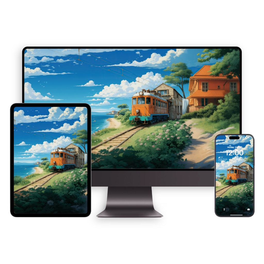 ジブリ風 夏の列車 壁紙セット｜アニメ風 景色 デジタルダウンロード｜スマホ・タブレット・PC・折りたたみスマホ対応｜ロック画面＆ホーム画面