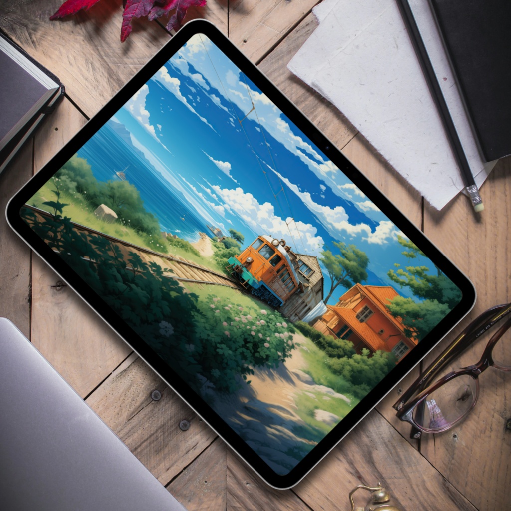 ジブリ風 夏の列車 壁紙セット|アニメ風 景色 デジタルダウンロード|スマホ・タブレット・PC・折りたたみスマホ対応|ロック画面&ホーム画面