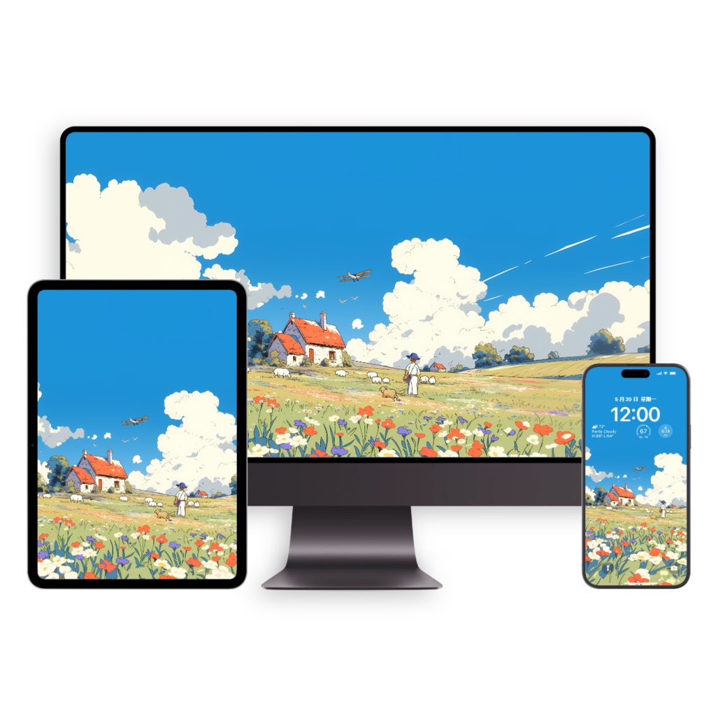 宮崎駿 牧羊少年 壁紙セット|ジブリ風 牧歌的な風景|デスクトップ・タブレット・スマホ・折りたたみスマホ対応|デジタルダウンロード