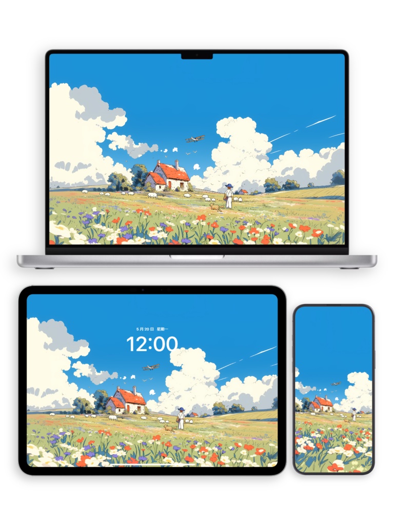 宮崎駿 牧羊少年 壁紙セット|ジブリ風 牧歌的な風景|デスクトップ・タブレット・スマホ・折りたたみスマホ対応|デジタルダウンロード