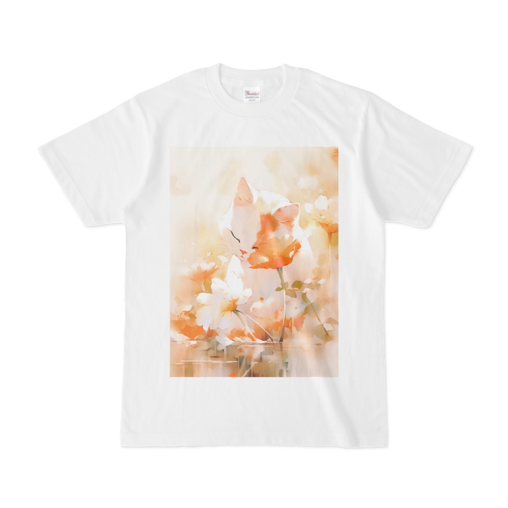 Tシャツ　ねこと花