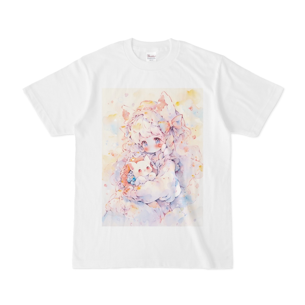 Tシャツ　ねこと花とおんなのこ
