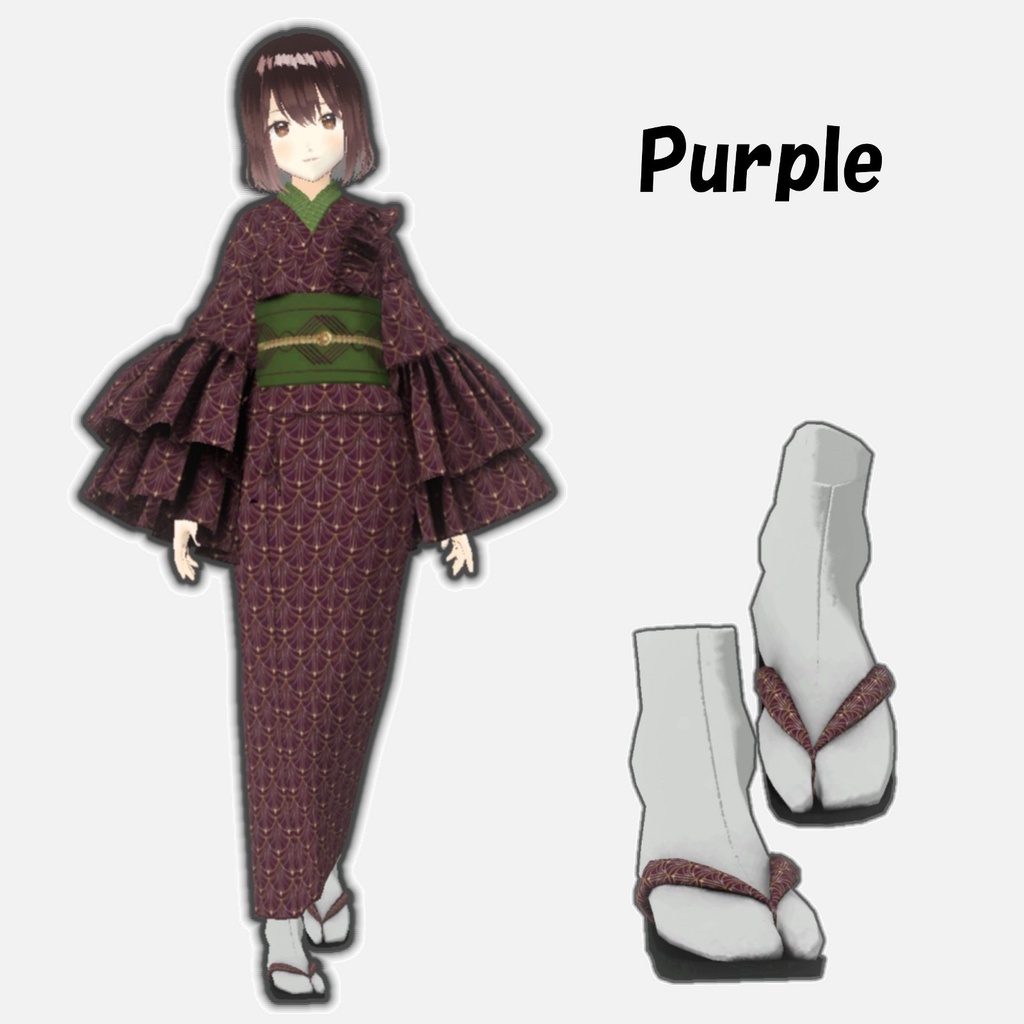 【VRoid】ボリュームフリル袖の着物&草履セット