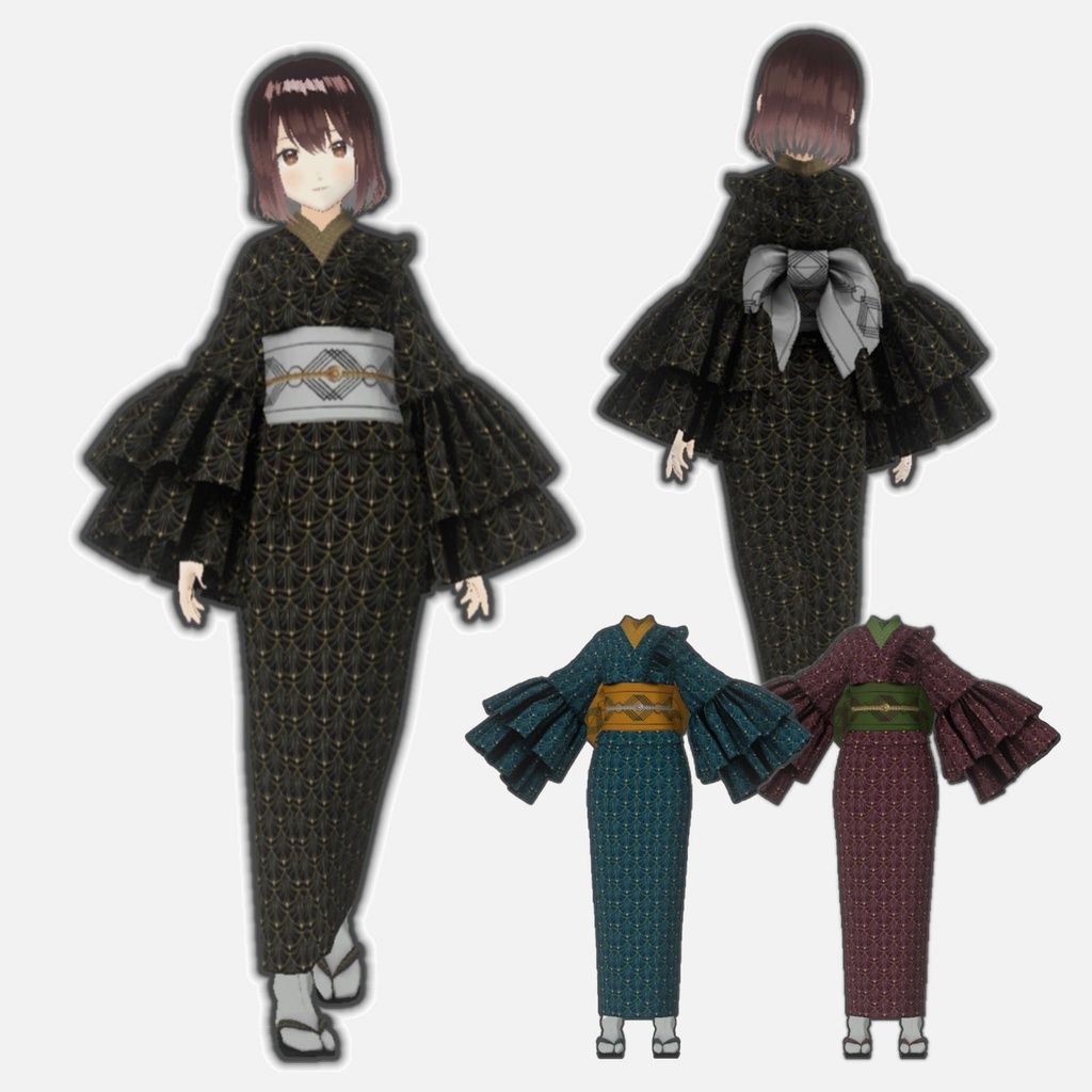 【VRoid】ボリュームフリル袖の着物&草履セット