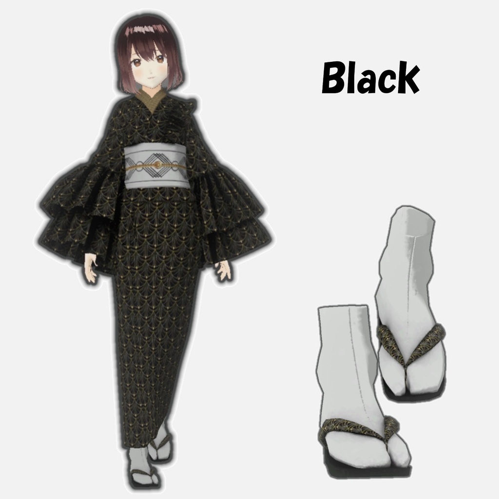 【VRoid】ボリュームフリル袖の着物&草履セット