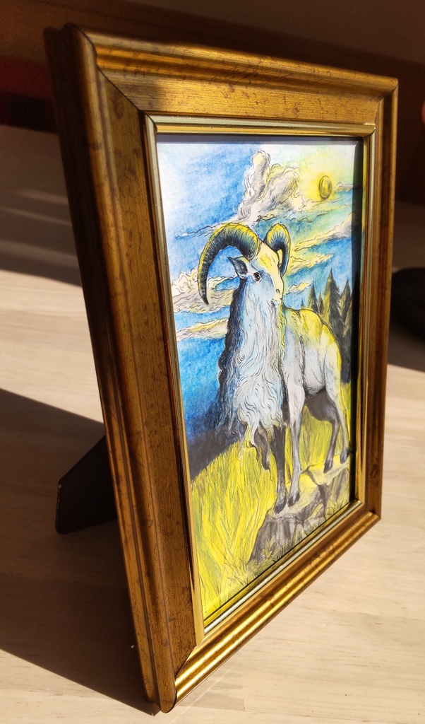 ペン画 水彩 『月夜の雄山羊』原画 100×148mm