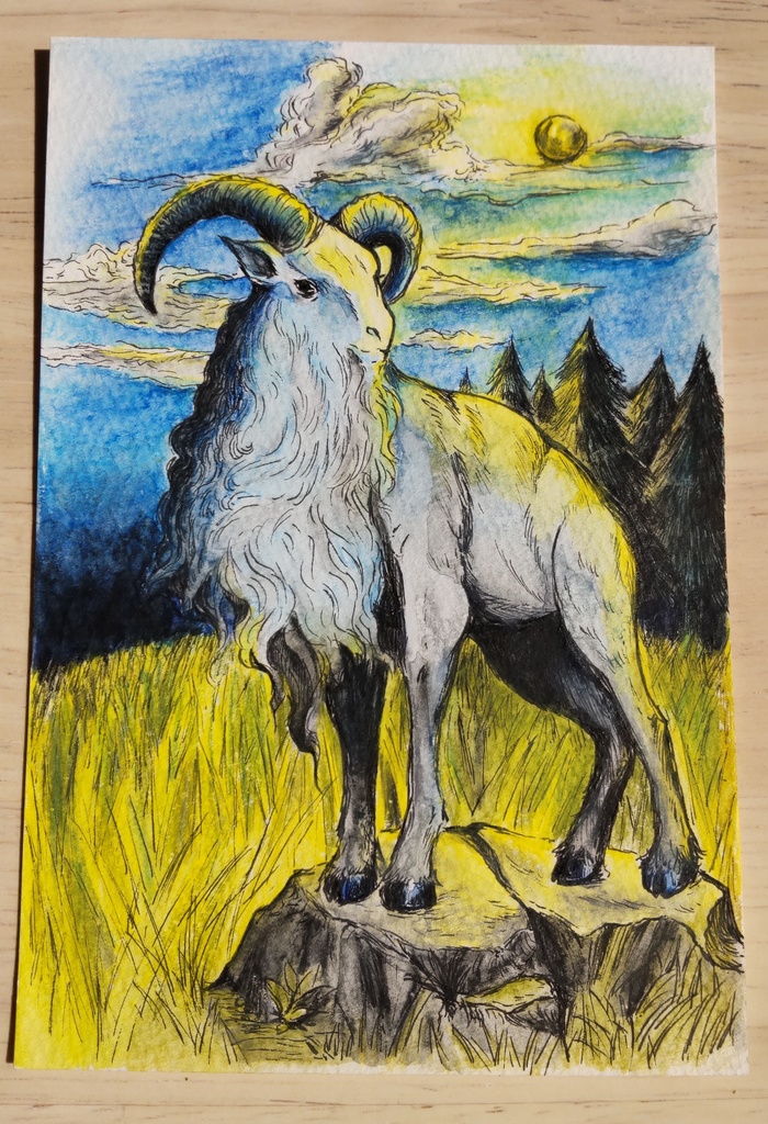 ペン画 水彩 『月夜の雄山羊』原画 100×148mm