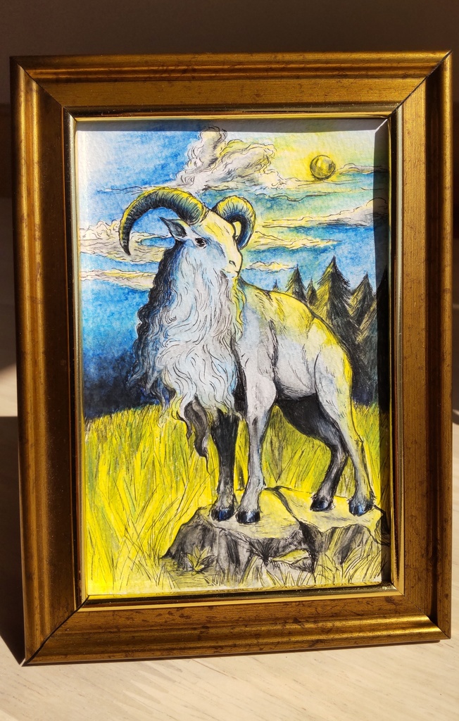 ペン画 水彩 『月夜の雄山羊』原画 100×148mm